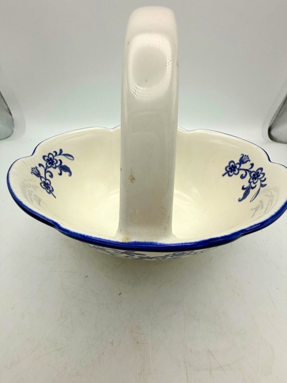 White & Blue Floral Ceramic Handled Decorative Basket Bowl, Oval Glossy